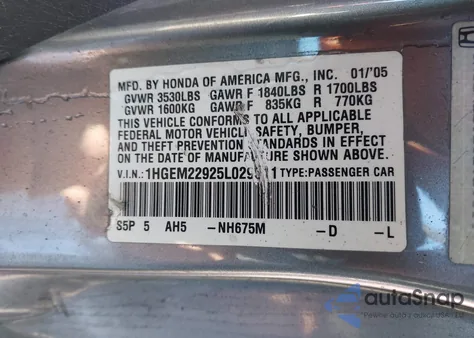 2005 Honda Civic Ex z USA, uszkodzony, nr VIN 1HGEM22925L029511